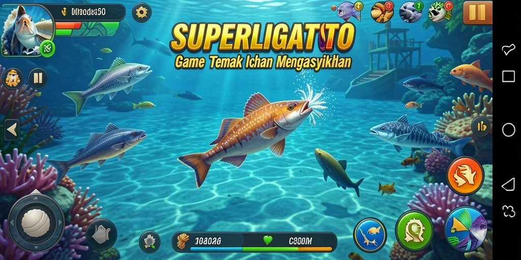 Gameplay seru SUPERLIGATOTO dengan ikan-ikan beragam dan grafis menawan.