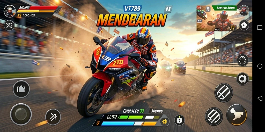 Gameplay seru VT789 dengan motor balap di lintasan.