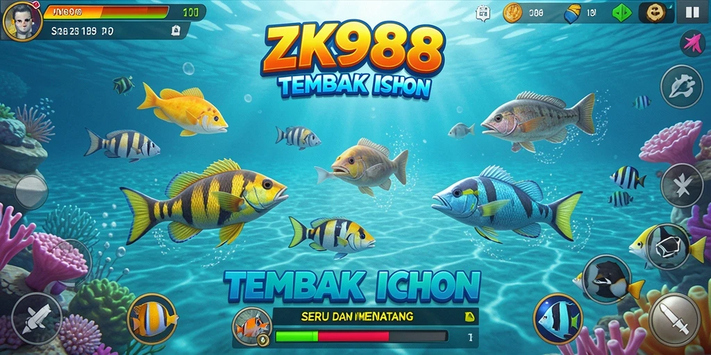 Tampilan menarik dari gameplay Tembak Ikan ZK988 yang penuh warna.